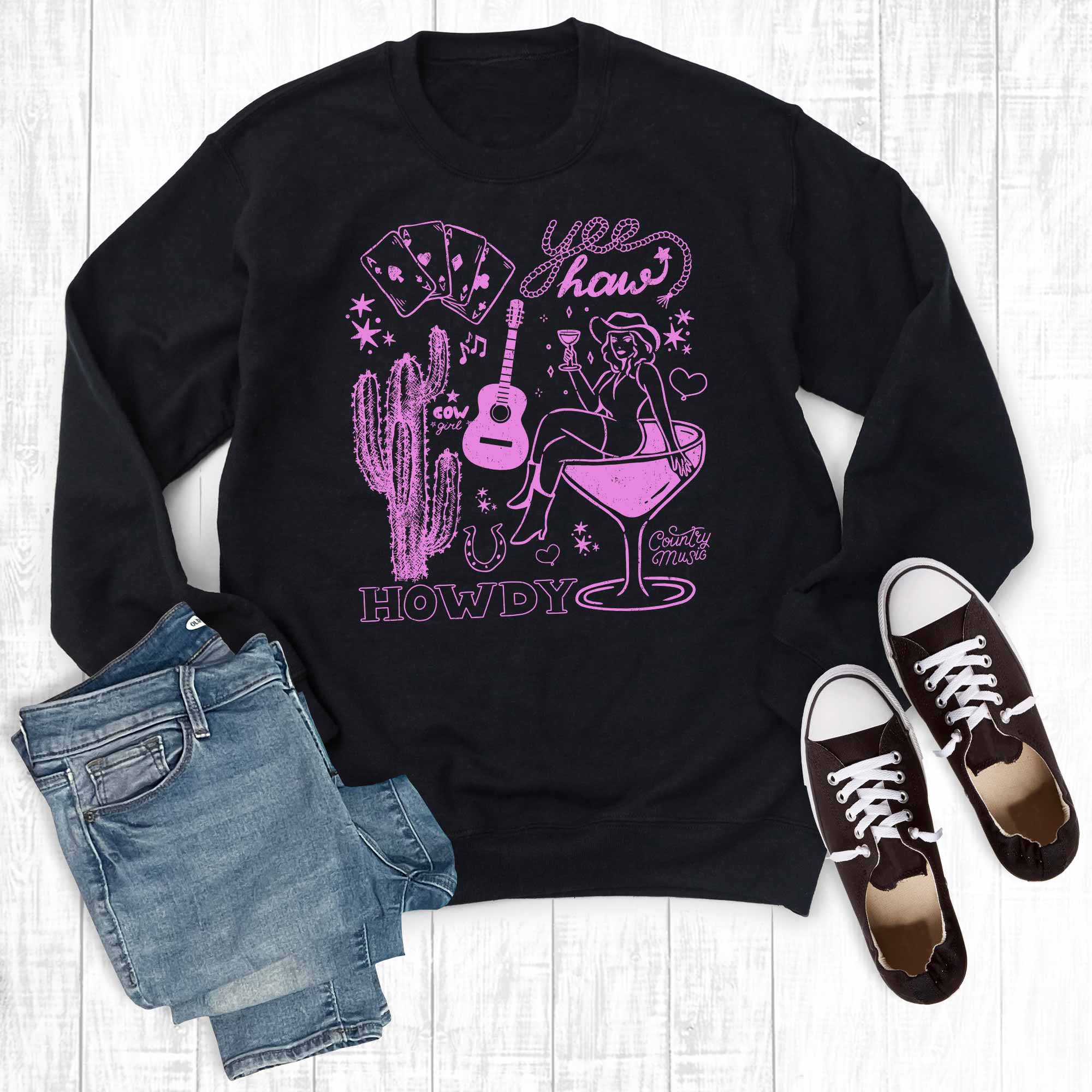 Western Howdy Cowgirl Collage Graphic Sweatshirt
