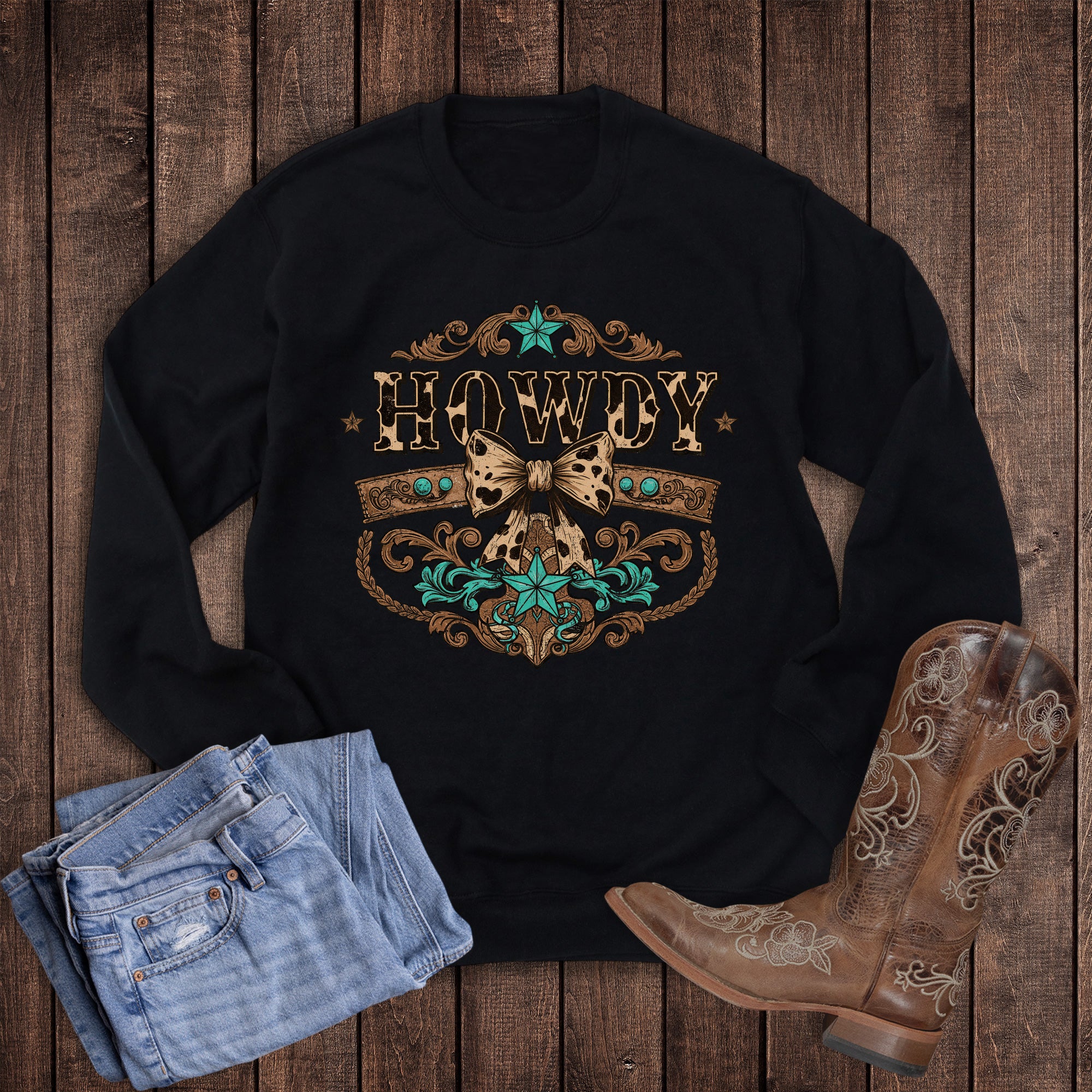 Western Leather Howdy Bow Sweatshirt