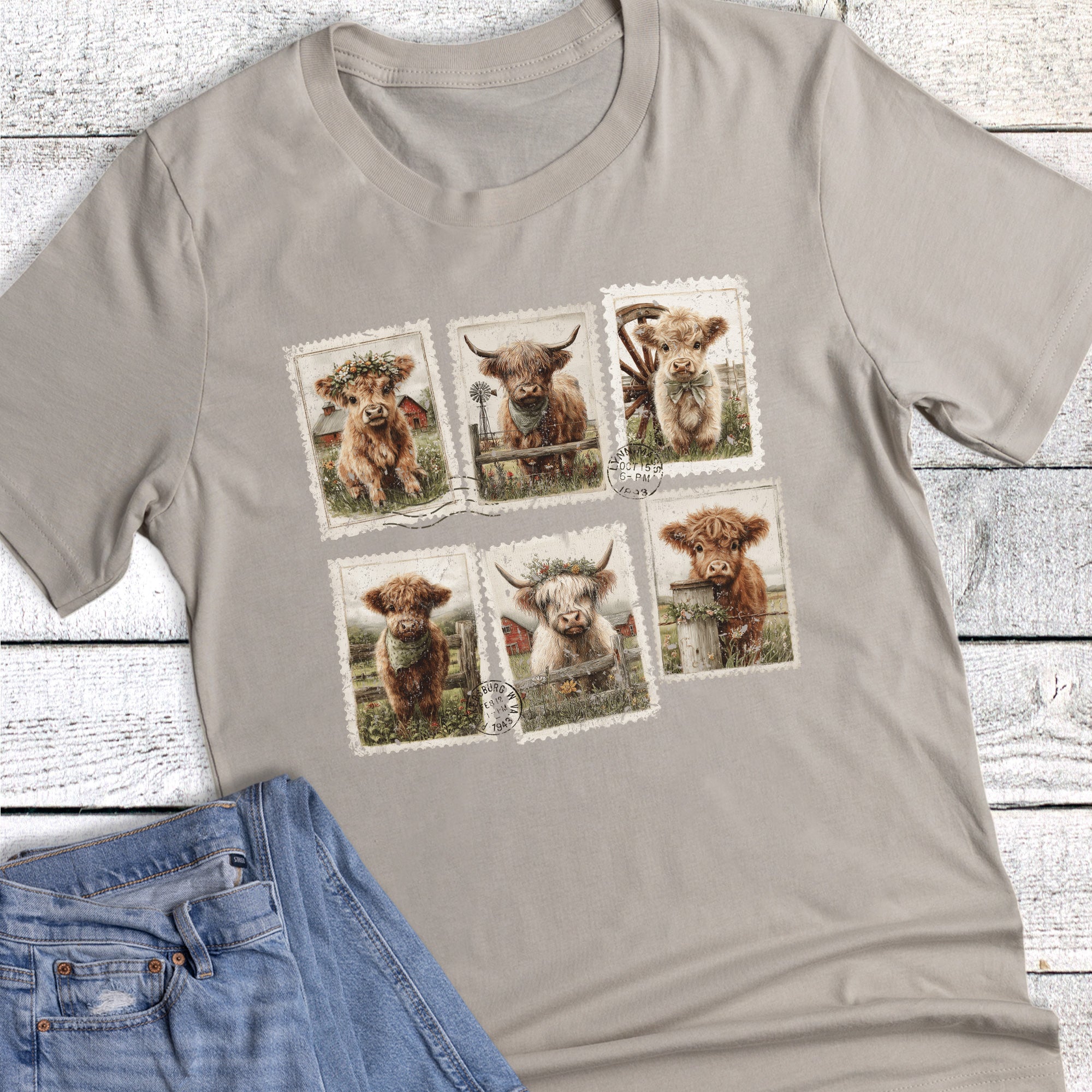 Western Retro Highland Cow Stamps Graphic Tee