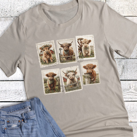 Western Retro Highland Cow Stamps Graphic Tee