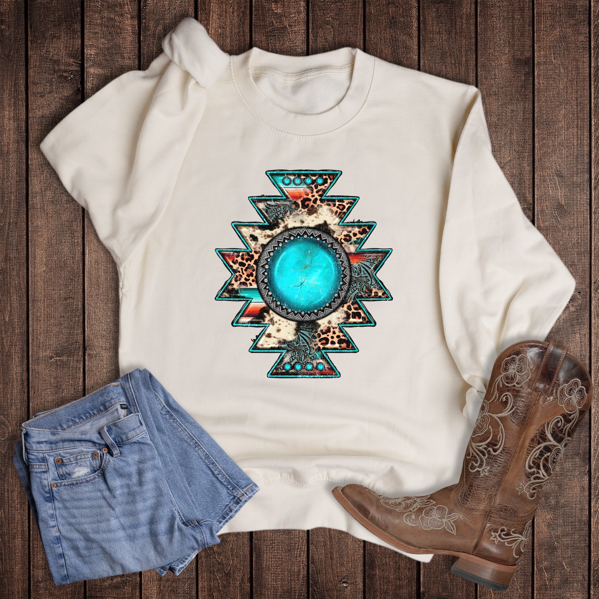 Western Turquoise Aztec Pendant Sweatshirt