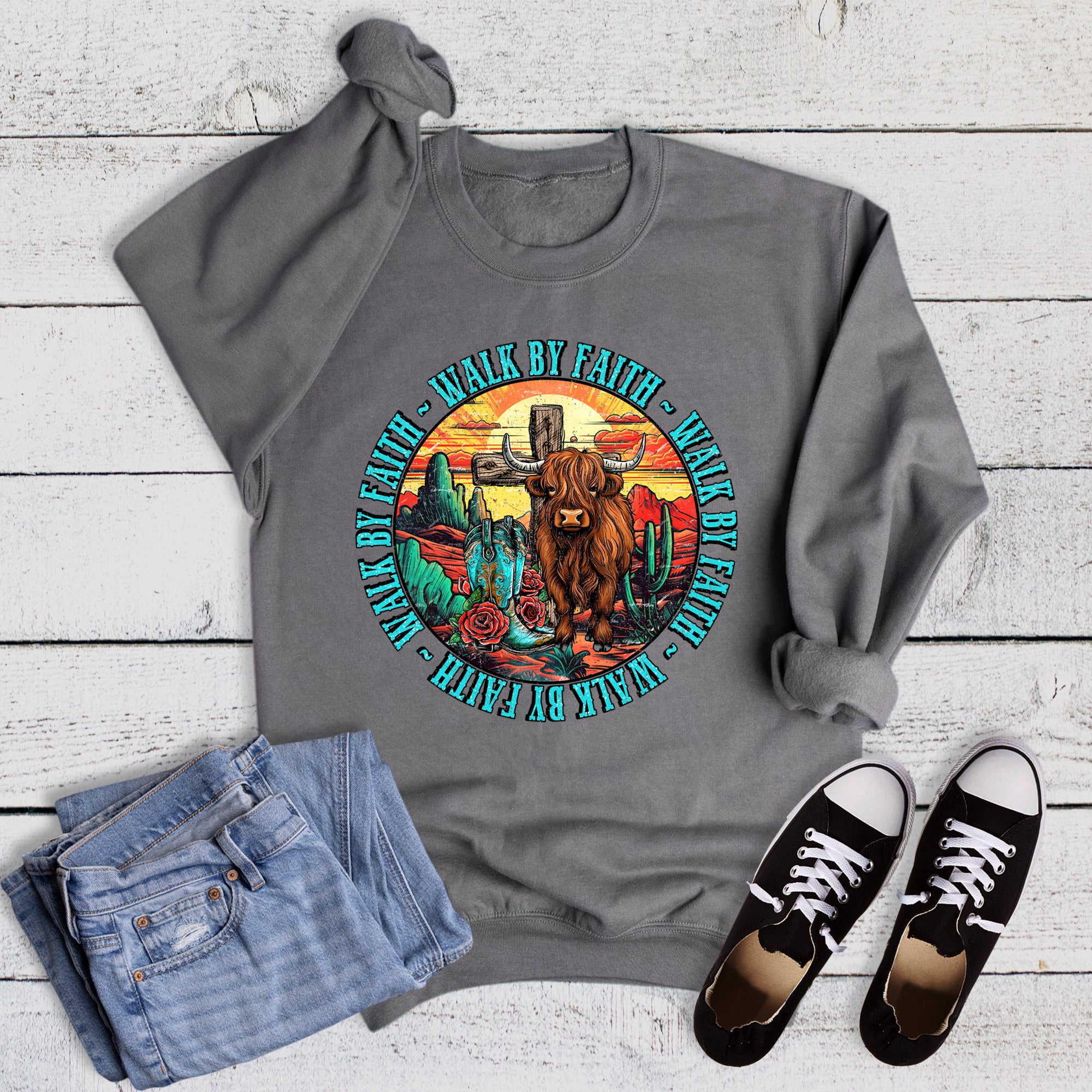 Western Walk By Faith Highland Cow Sweatshirt