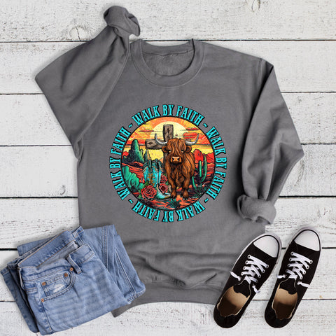 Western Walk By Faith Highland Cow Sweatshirt