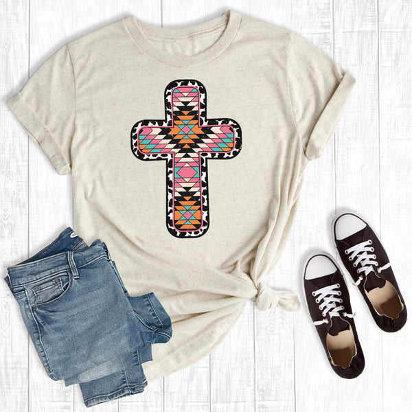 Western Desert Aztec Cross Graphic T-shirts Cream