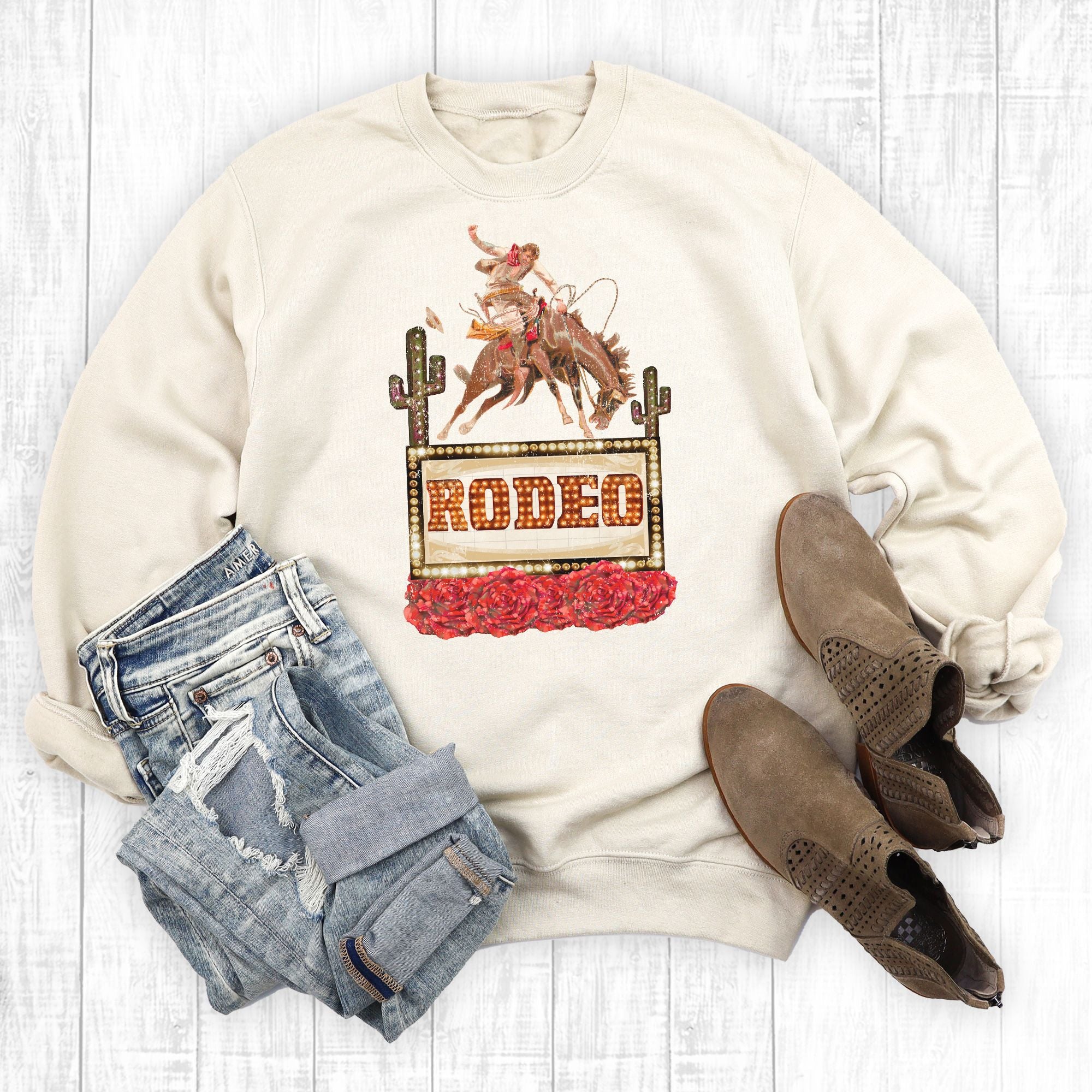 Western Rodeo Cowboy Cactus Sweatshirt Cream