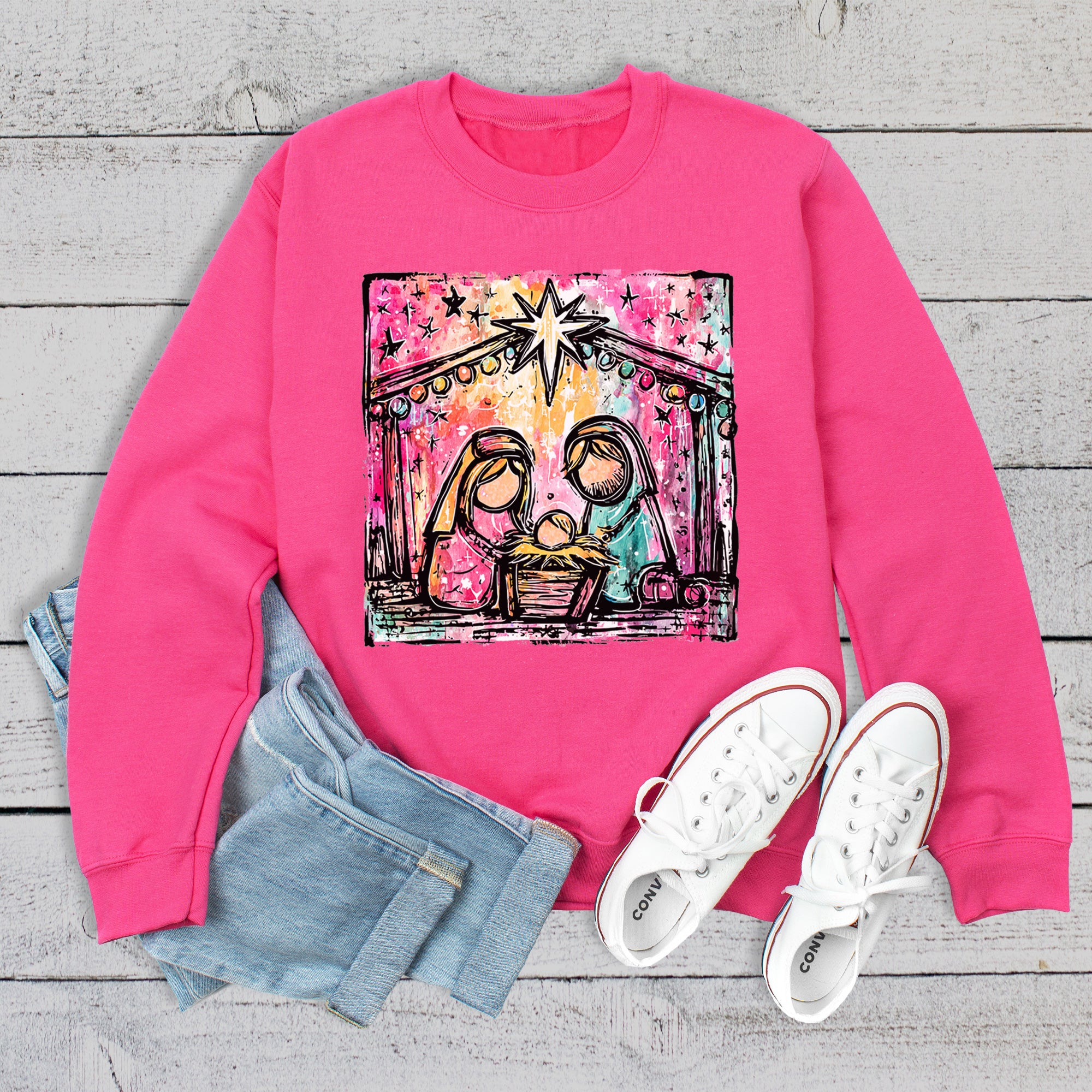 Whimsical Watercolor Christmas Manger Scene Sweatshirt