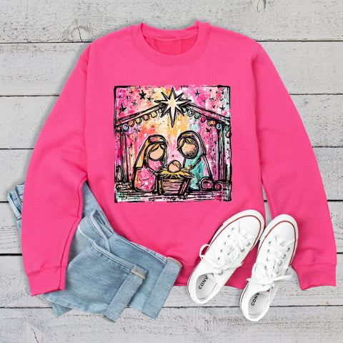 Whimsical Watercolor Christmas Manger Scene Sweatshirt